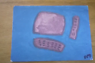 A small painting with a computer in shades of purple in the\nforeground and blue background, in a conceptual style\n