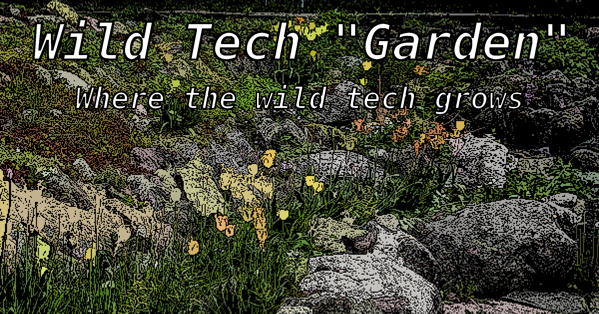 Pixelized view of a rock garden the words ‘Wild Tech “Garden”: Where the wild tech grows’ as an overlay