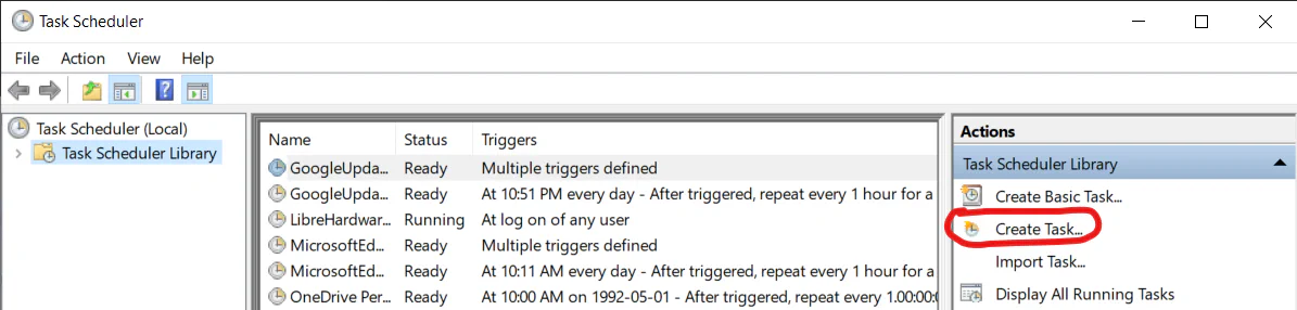 Task Scheduler with ‘Create Task’ circled in
red