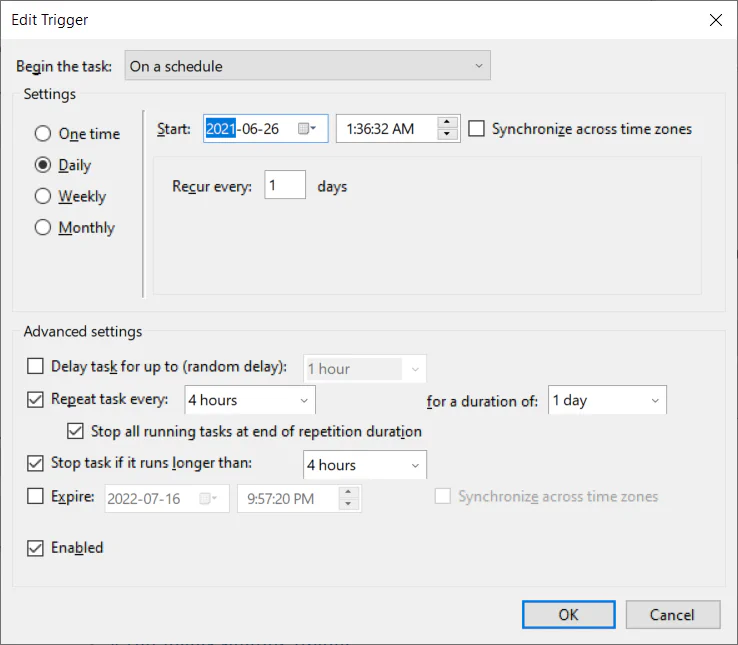 Task Scheduler, creating ‘Restic Backup’ task, creating
’trigger’
