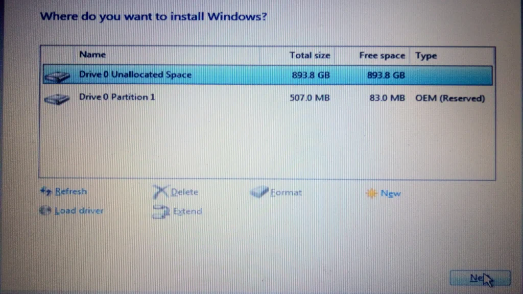 Select free space from delete all but OEM partition on Windows 10 install
location screen