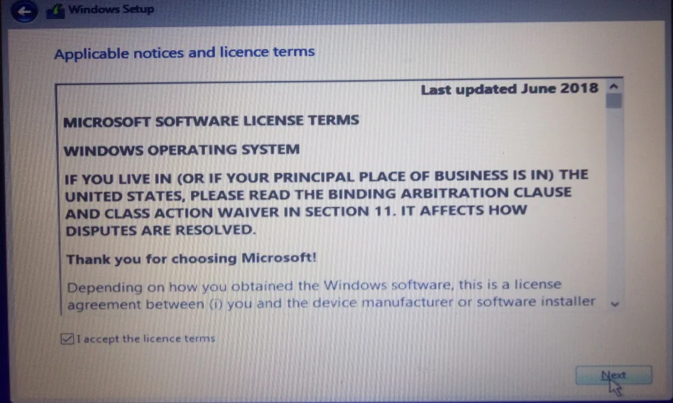 Windows 10 License Acceptance Page