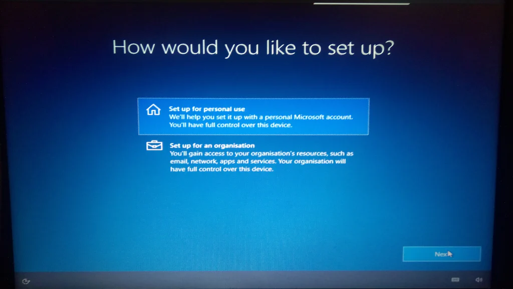 Chose of setting of as a ‘Personal Use’ computer or an organization
controlled ‘School or Work’ computer